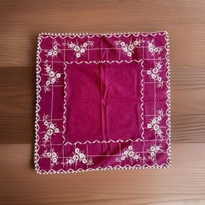 Handmade Burgundy Tablecloth RickRack Trim & Floral Embroidery 31 1/2 X 30"